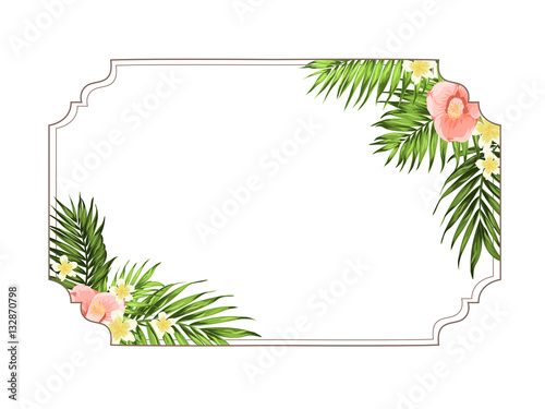 Exotic tropical horizontal border frame template. Bright greenery palm tree leaves. Pink yellow plumeria and camellia flowers. Corners decoration. Vintage banner element for invitation greeting card.