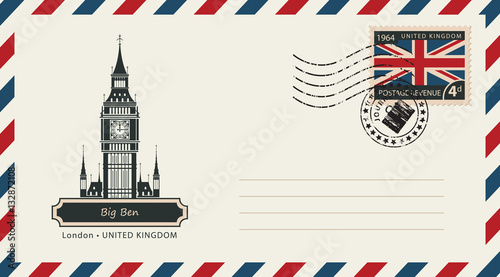 an envelope with a postage stamp with London Big Ban, and the flag of United Kingdom