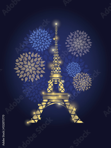 Vector Glowing Eiffel Tower Surrounded By Fireworks in Paris Silhouette At Ni...