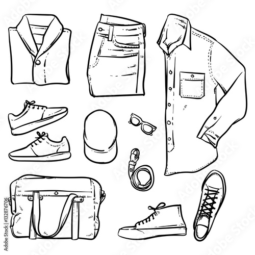Hand drawn vector clothing and accessories on white background.