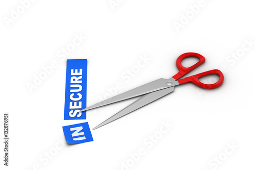 Scissors cut the word in secure