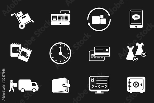 Icon set for internet shop or logistic company. Goods storage and delivery, payment and refund. Vector pictograms on black background.