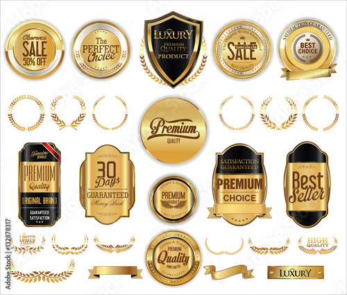 Vector medieval golden shields laurel wreaths and badges collection 