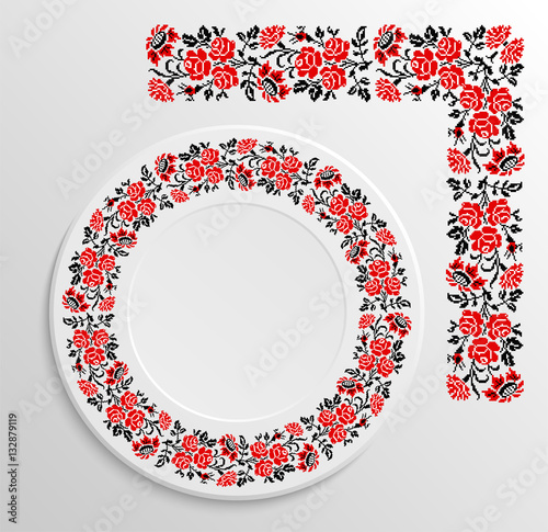Table appointments in restaurant.. Decorative plate with round ethnic ornament. Ukrainian style.  Rose and sunflower pattern. Vintage background of napkin. Traditional red and black elements.