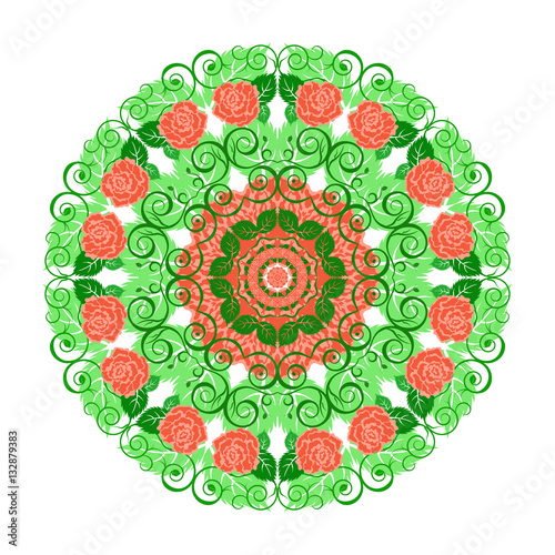 Circular floral lace pattern. Vintage style. Can be used for invitation  menu  card design  for pillow design  banners  signs and others. Red and green tones.