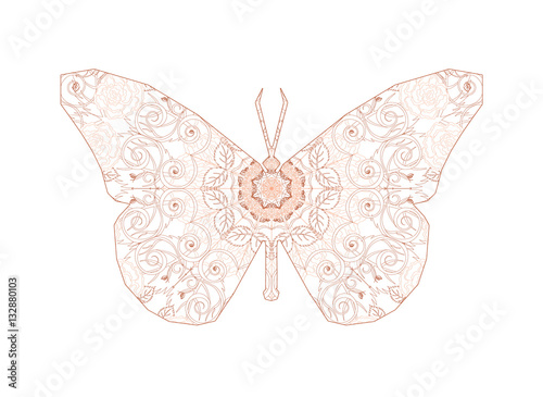 Silhouette of butterfly with circular ornament like spiderweb in orange and brown tones. Floral mandala art.