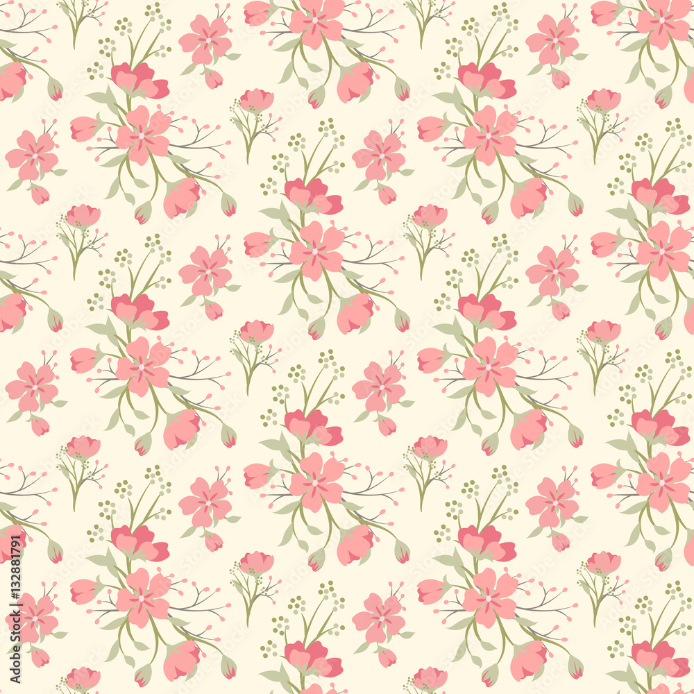 Vector retro cute seamless pattern with red simple flowers and branches. Floral background for printing on fabric, paper for scrapbooking, gift wrap and wallpapers.