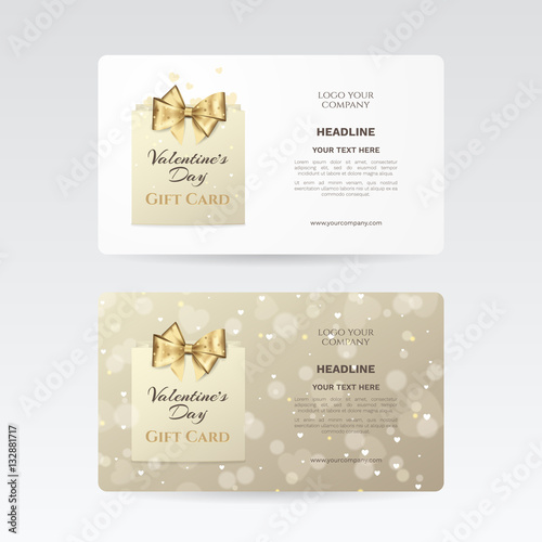 Gift card for Valentine's day celebration with golden bow and paper shopping bag on the background with hearts and effect bokeh. Vector template for gift voucher, coupon and credit or discount card.