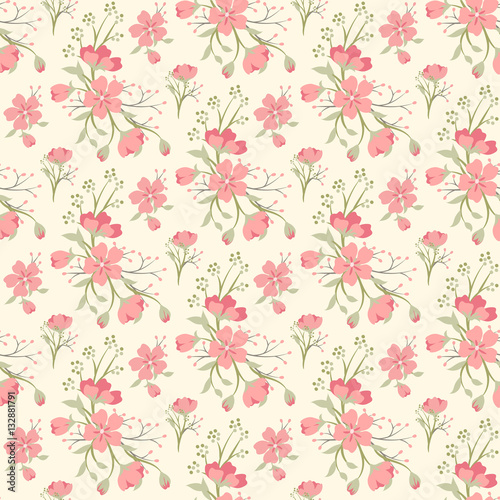 Vector retro cute seamless pattern with red simple flowers and branches. Floral background for printing on fabric, paper for scrapbooking, gift wrap and wallpapers.