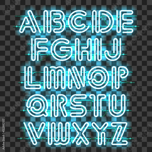 Glowing blue Neon Alphabet with letters from A to Z. Shining and glowing neon effect. Every letter is separate unit with wires, tubes, brackets and holders that can be combined with other.