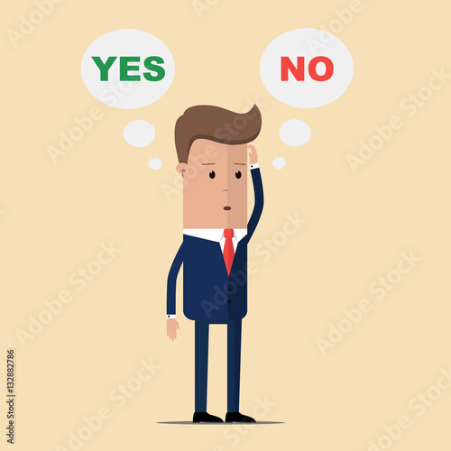 Thinking businessman with speech bubbles choosing option between yes and no. businessman and choice yes or no. Choice, problem and decision concept