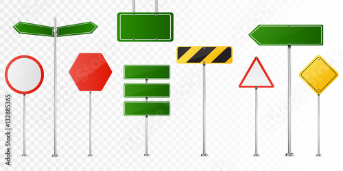 Set of vector road signs isolated on transparent background.