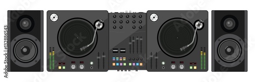 DJ mixer. Two turntables, mixer and acoustic system. Vector illu