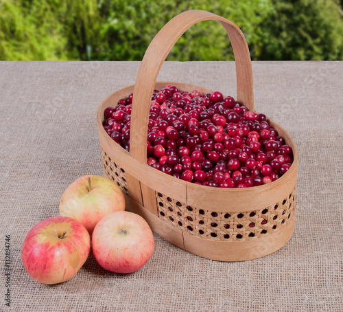 Cranberries in a basket on a fabric background and apples lying next photo