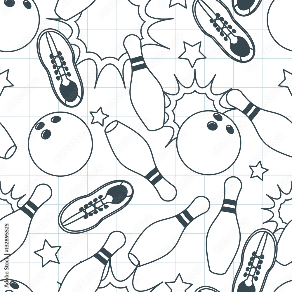 Fototapeta premium Bowling vector seamless pattern. Hand drawn doodle design elements on notebook sheet of paper. Bowling ball, pins and shoes illustration. Concept for fashion textile print, wrapping, web background.