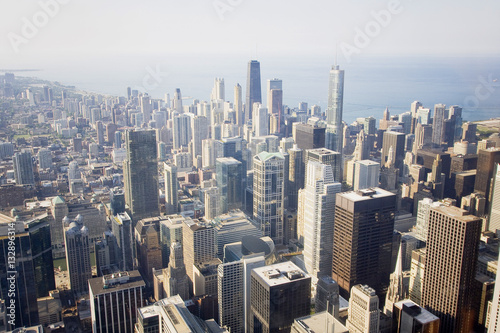 Chicago downtown skyline and lake Michigan. An overhead view of the great city of Chicago downtown taken from the Willis (Sears) Tower.