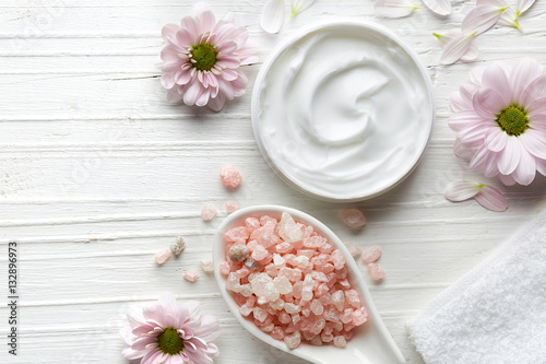 White cosmetic cream and bath salt