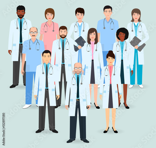 Hospital staff. Group of twelve men and women doctors and nurses. Medical people. Flat style vector illustration.
