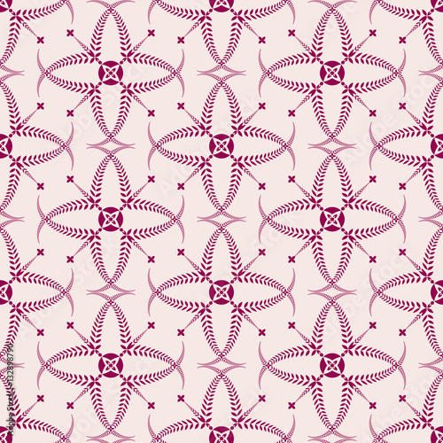 Religion seamless pattern. Laurel wreath, lace view texture with cross. Ceremonial, funeral background. Swirl stylized ornament. White, redviolet, vinous colored. Vector 