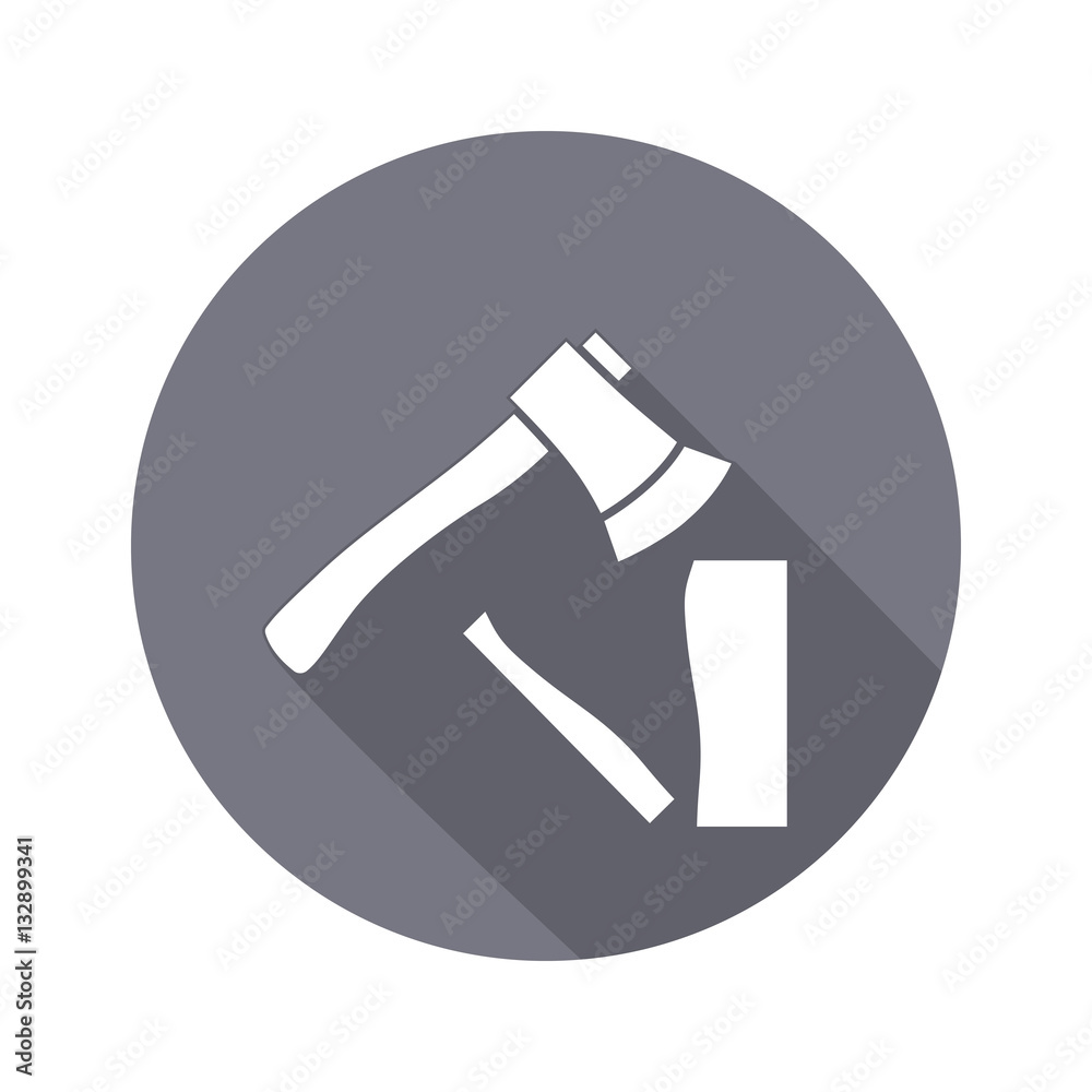 Tool icon. Axe, hache instrument. Work, job, labour, toil, repair, fix, building symbol. White sign on round button with long shadow. Vector isolated Tool icon. Axe, hache instrument. Work, job, labour, toil, repair, fix, building symbol. White sign on round button with long shadow. Vector isolated