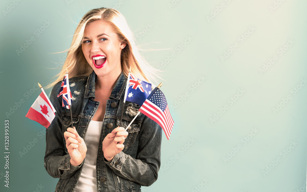  Woman with flags of English speaking countries