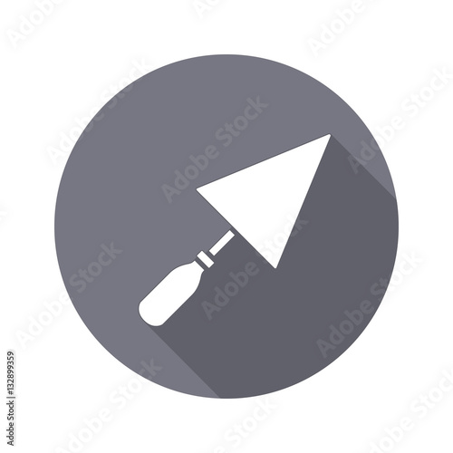 Tool icon. Spattle, surfacer, plastering instrument. Work, job, labour, toil, repair, building symbol. White sign on round button with long shadow. Vector isolated