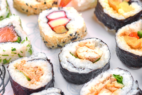 Sushi set on a white table