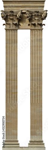 Architectural facade detail of classical stone pilaster on white background