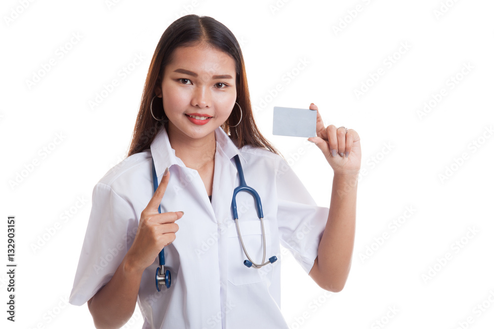 Asian young female doctor show one finger with blank card. Asian young female doctor show one finger with blank card.