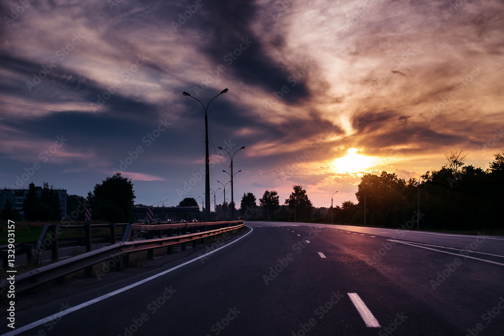 Drive car at beautiful sunset. Nature lanscape Drive car at beautiful sunset. Nature lanscape