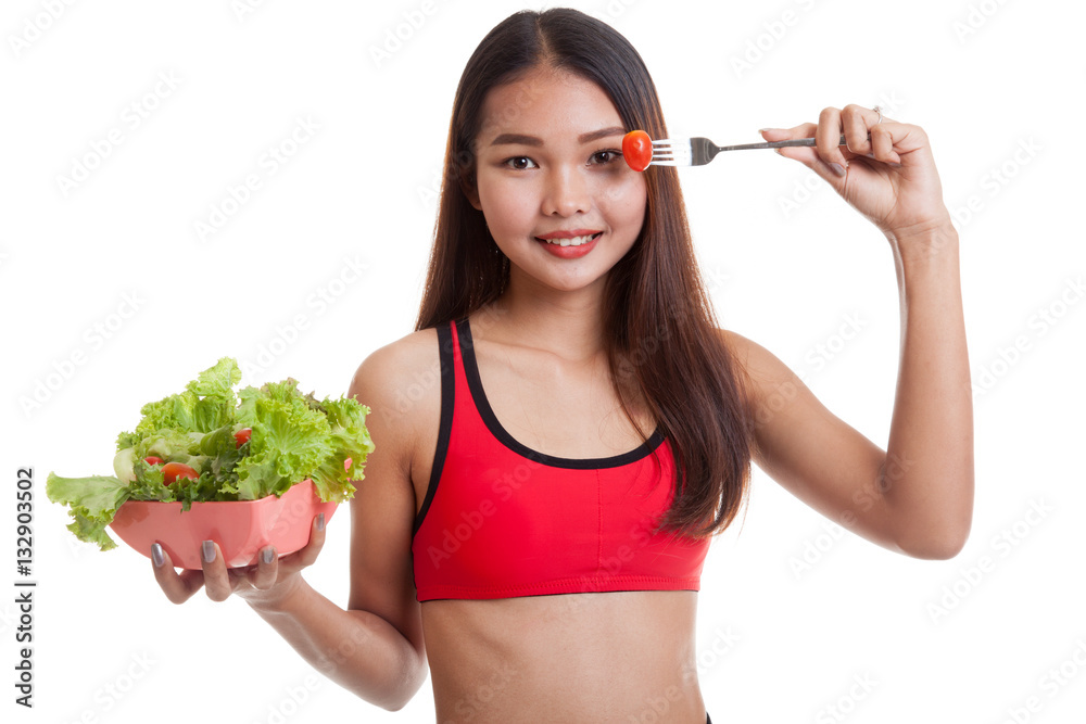 Beautiful Asian healthy girl enjoy eating salad. Beautiful Asian healthy girl enjoy eating salad.