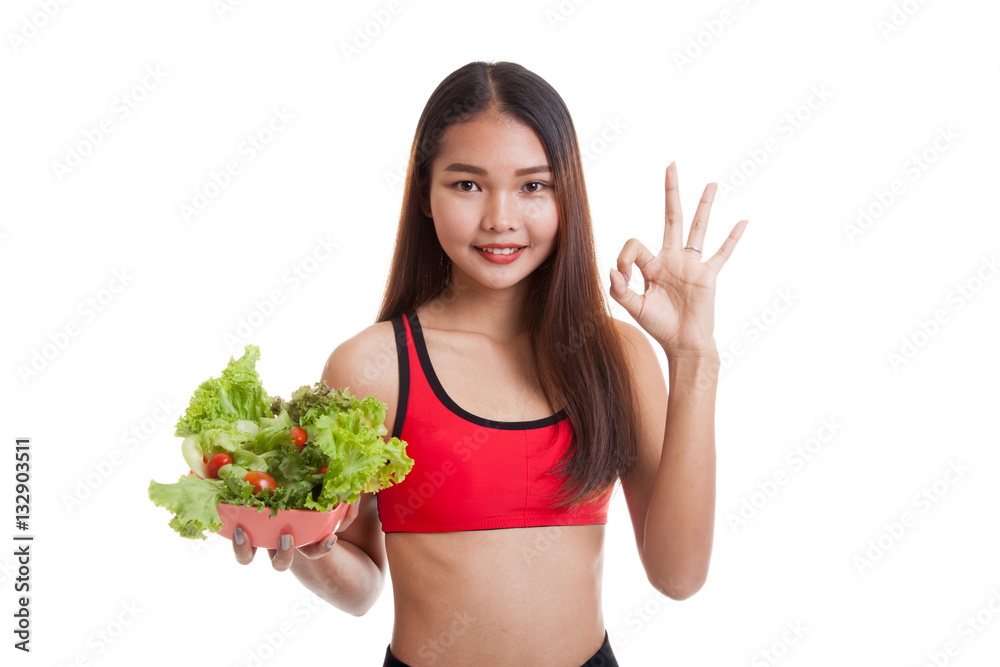 Beautiful Asian healthy girl show OK with salad. Beautiful Asian healthy girl show OK with salad.