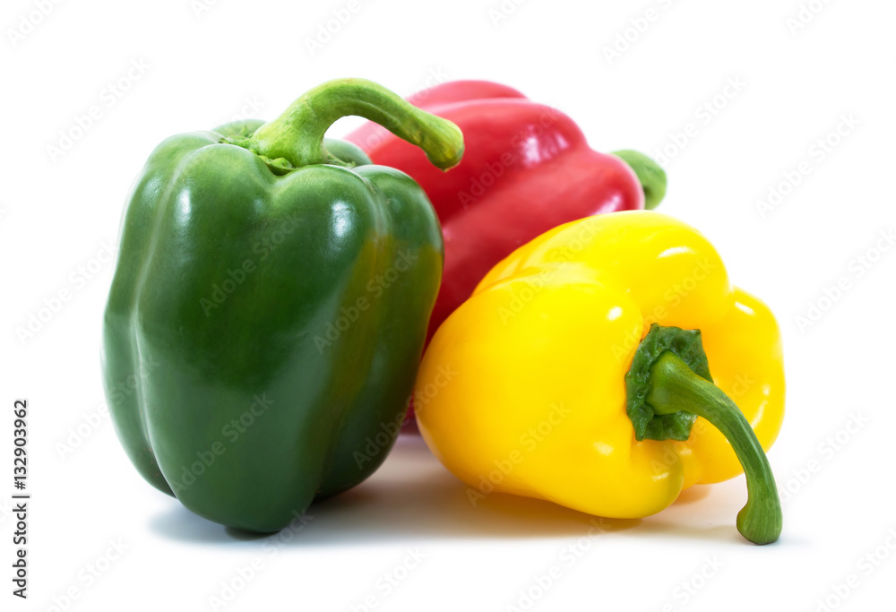 three bell peppers (paprika) isolated on white background three bell peppers (paprika) isolated on white background