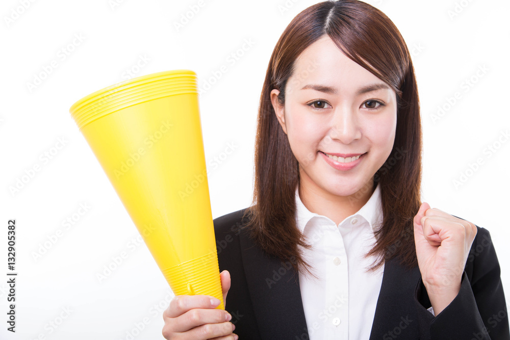Business woman clenched fist and holding megaphone Business woman clenched fist and holding megaphone