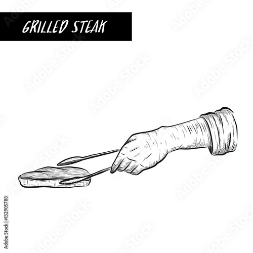 Cheff grill steak on white background.Steak sketch by hand drawing.