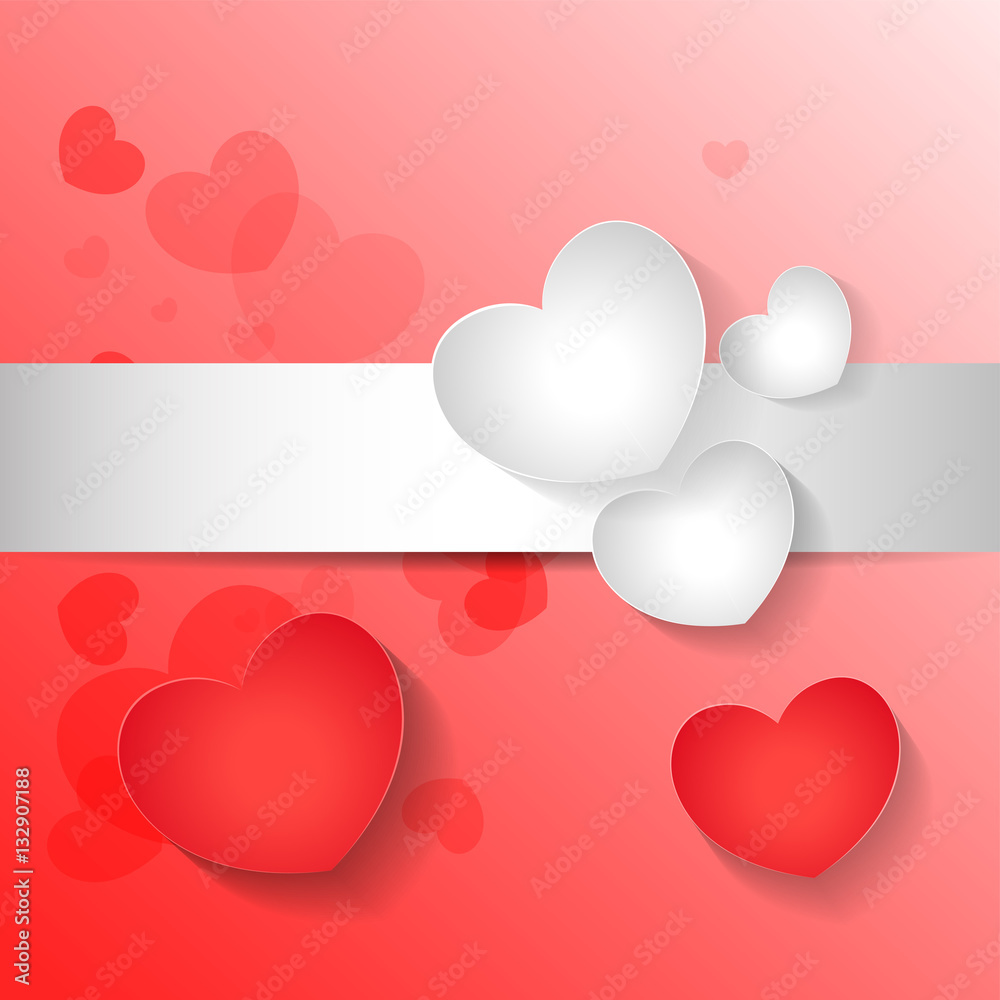 Valentine's Day Card. White, red hearts on a pink background and white ribbon