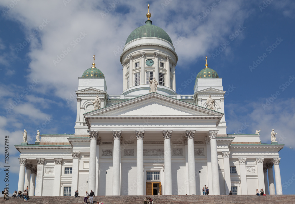 People visit Helsinki Cathedral. opened in 1852, Helsinki Cathedral is an Evangelic Lutheran church located in the center of Helsinki.
