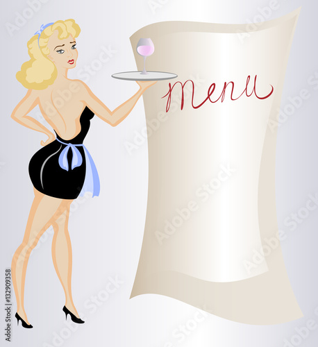 Pretty blonde waitress in a short skirt with a blank menu on white. EPS10 vector illustration.