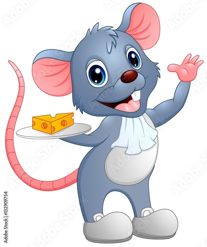 Cartoon mouse holding a slice of cheese on a plate