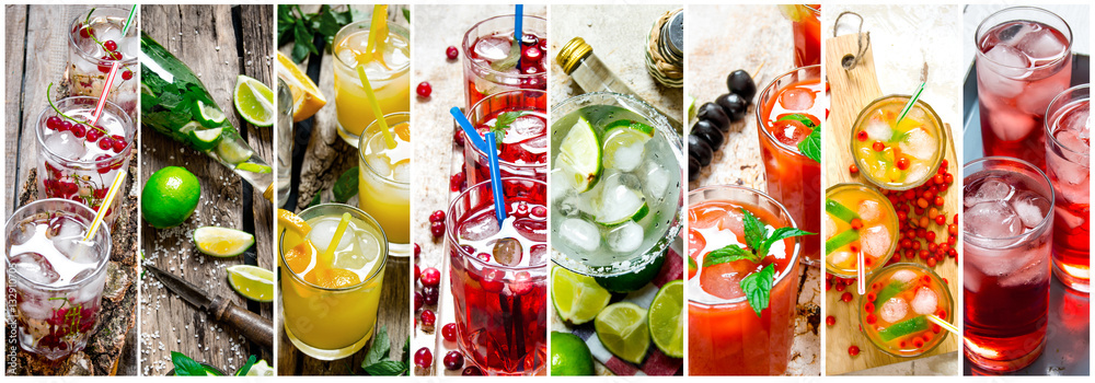 Food collage of fresh cocktails . - obrazy, fototapety, plakaty 
