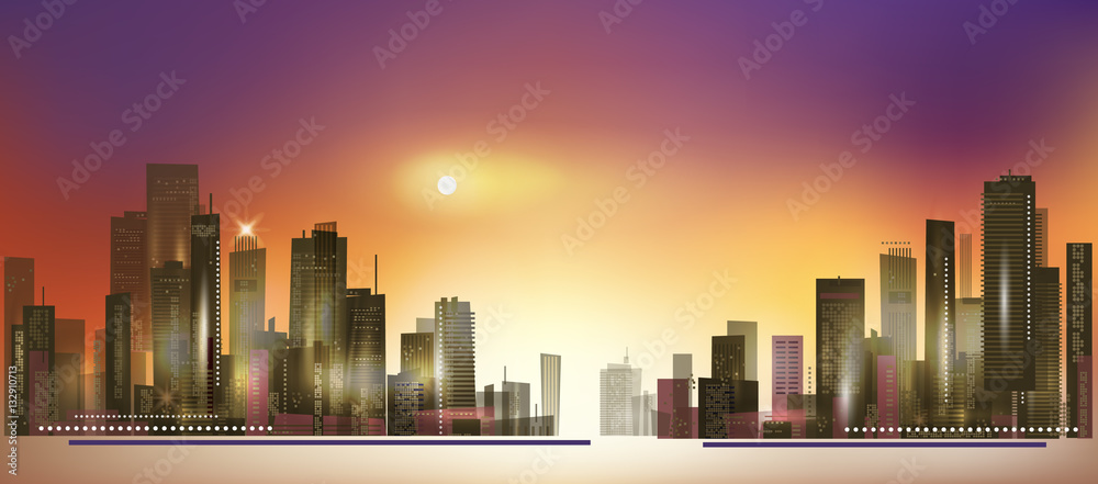 Modern night city skyline at sunset