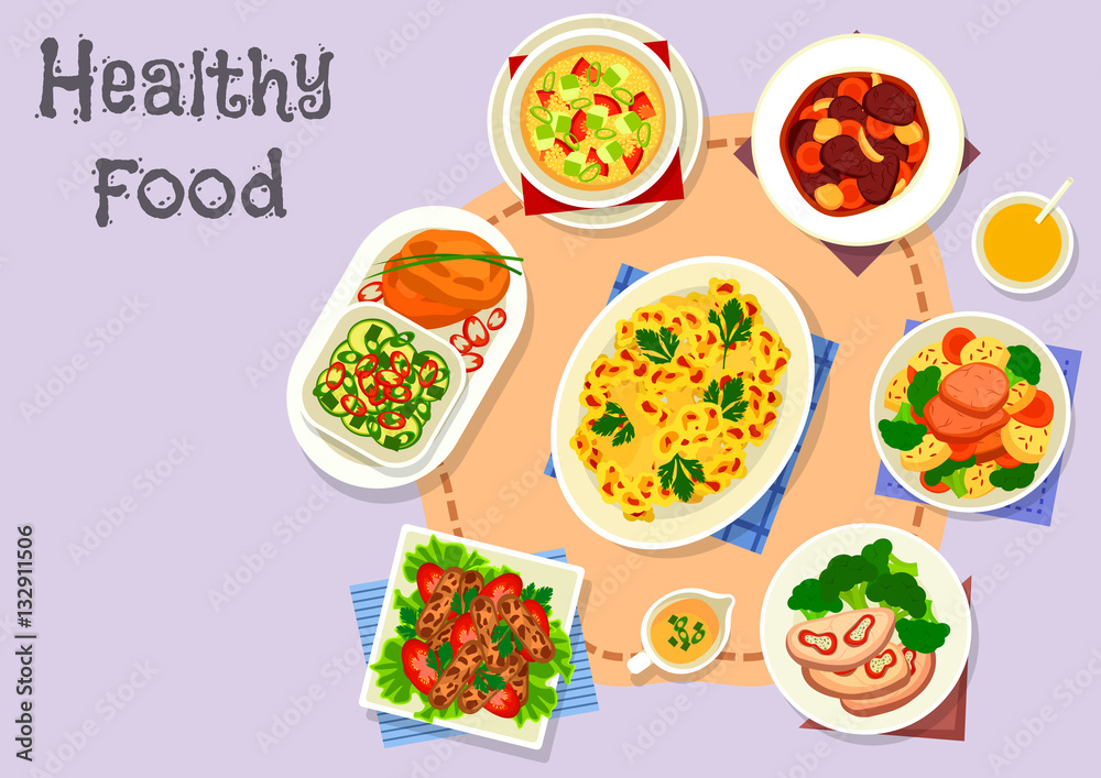 Diet menu icon with vegetable and meat dishes Diet menu icon with vegetable and meat dishes