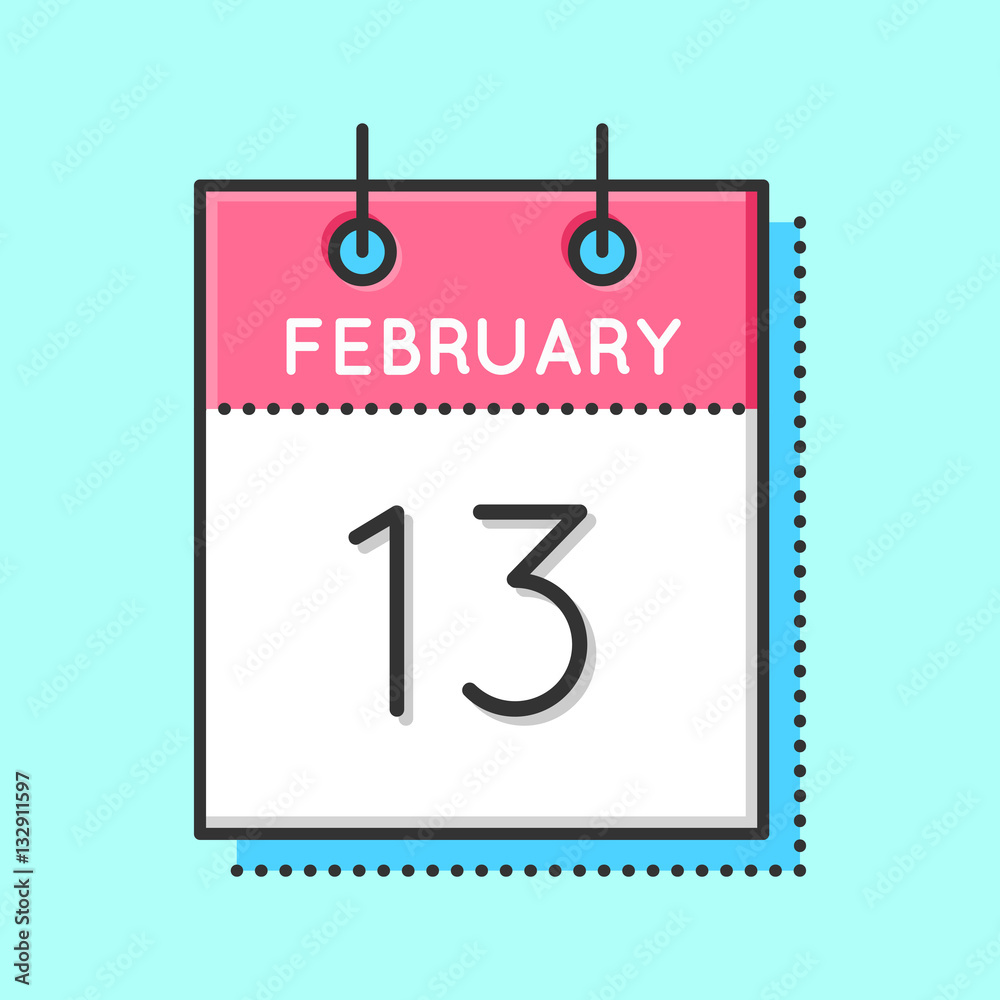 Vector Calendar Icon. Flat and thin line vector illustration. Calendar sheet on light blue background. February 13th. Chinese new year. World Radio Day Vector Calendar Icon. Flat and thin line vector illustration. Calendar sheet on light blue background. February 13th. Chinese new year. World Radio Day