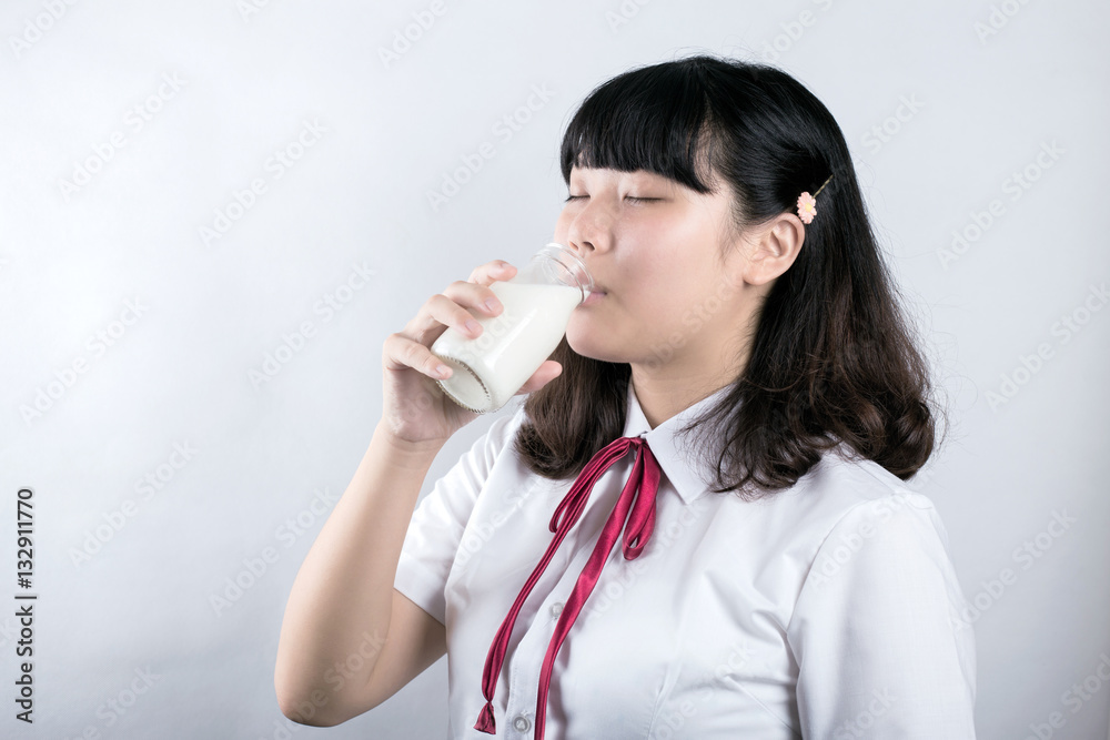 Girl with hamberger and milk Girl with hamberger and milk