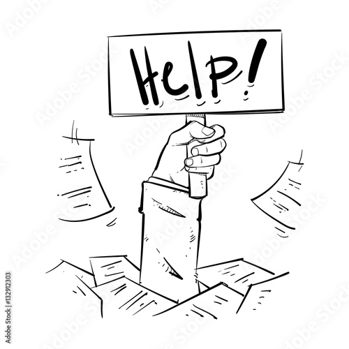 Business man buried in a pile of sheets. help sign. too much wor