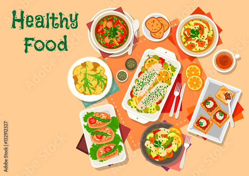Mushroom and fish dishes icon for lunch design