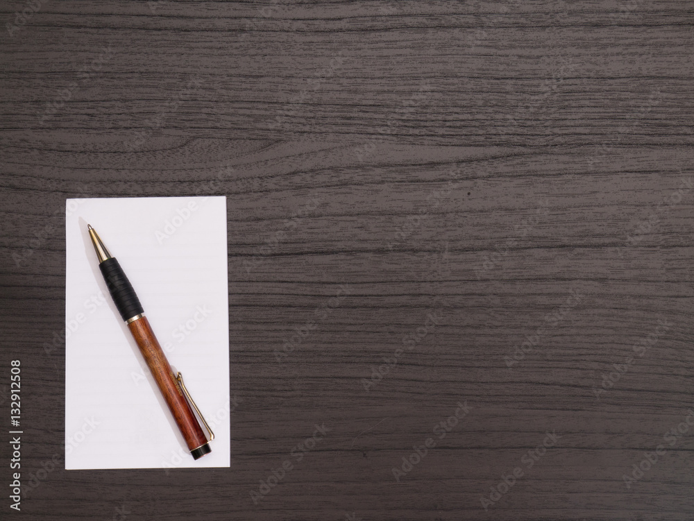 Wood Desktop, White Notepad, Pen Wood Desktop, White Notepad, Pen