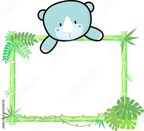 cute baby rhino on blank board with bamboo frame isolated on white background