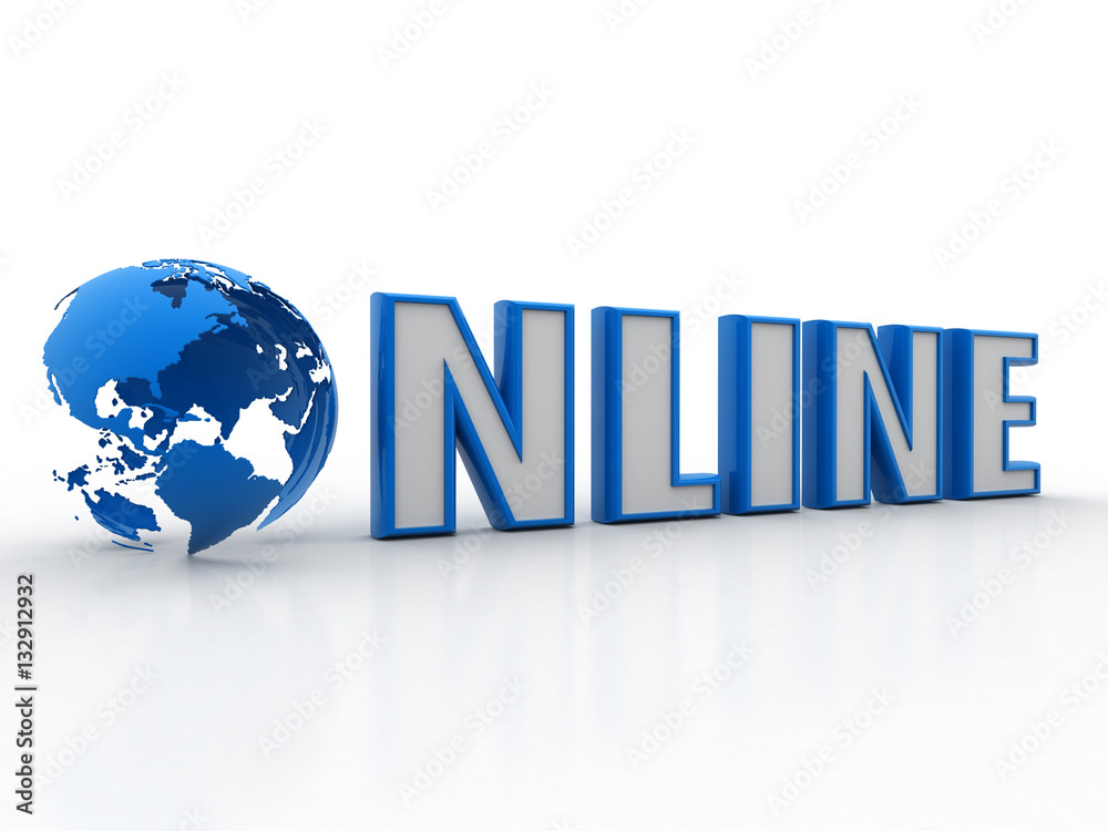 blue word Online with 3D globe replacing letter O blue word Online with 3D globe replacing letter O