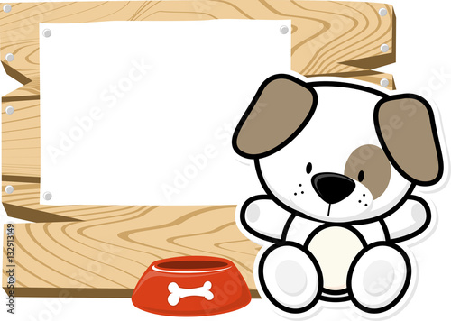 illustration of cute baby puppy on wooden board with blank sign isolated on white background